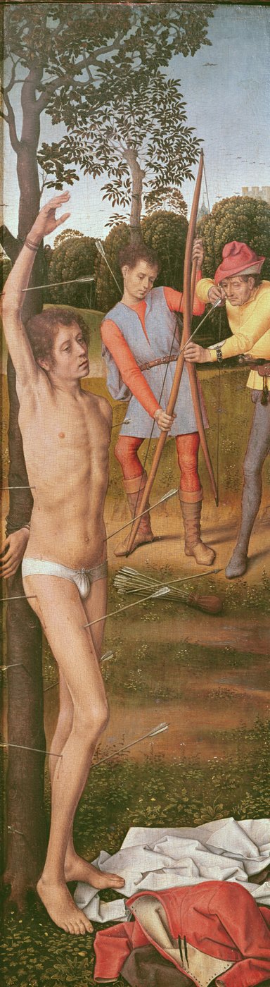 Triptychon der Auferstehung, linkes Panel: Das Martyrium des Heiligen Sebastian, ca. 1485-90 von Hans Memling